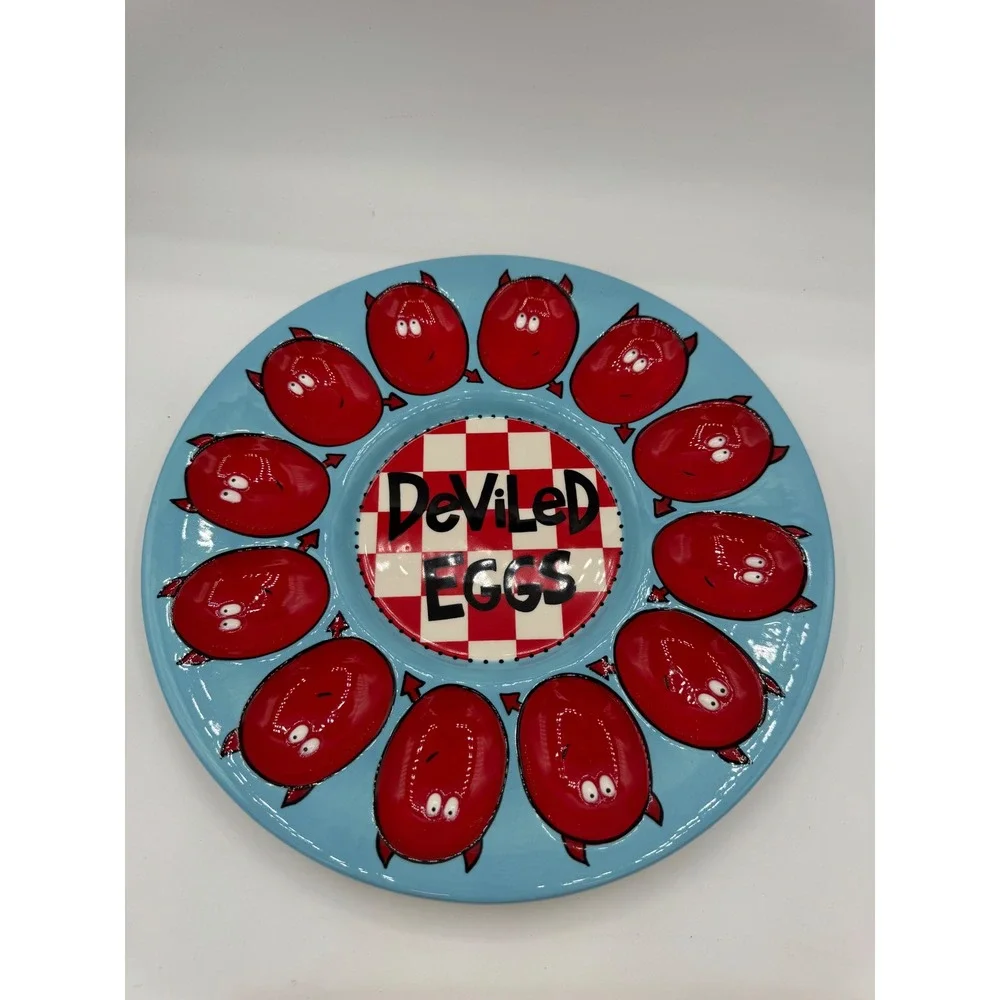 Our Name is Mud Lorrie Veasey Deviled Egg Platter Ceramic Serving Tray Blue Red